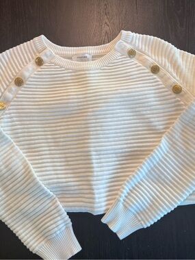 Maternity White Ribbed Button-Shoulder Sweater